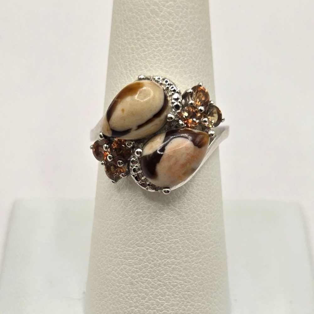 RARE Peanut Jasper and Smokey Quartz Sterling STS Ring Size 7